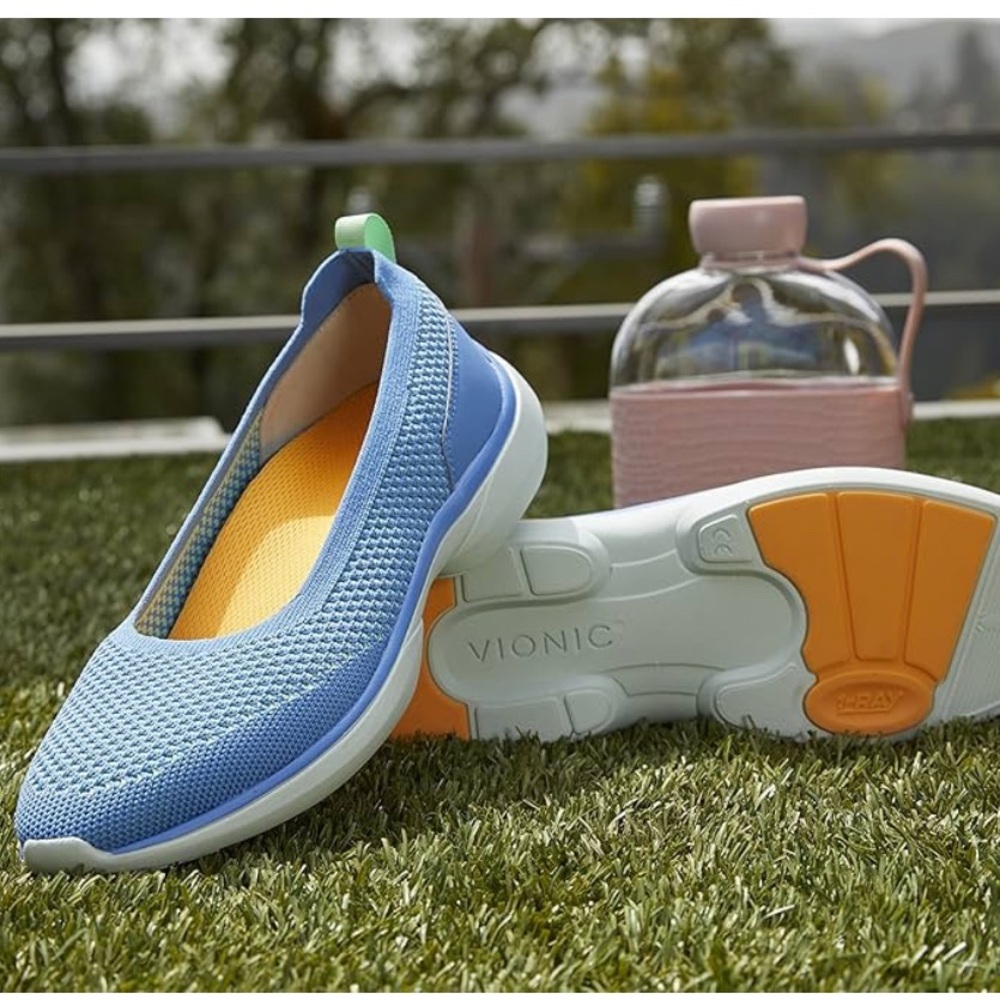 Vionic Light Blue Knit Slip-On Flats with Yellow Insole and Orange Traction